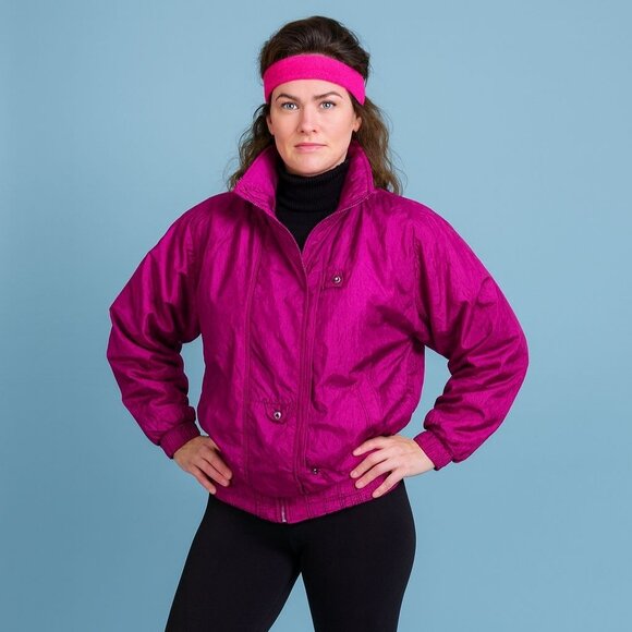 Andy Johns Nylon Parachute Jacket Womens M Magenta 80s Windbreaker Retro Zip Up - Picture 2 of 16